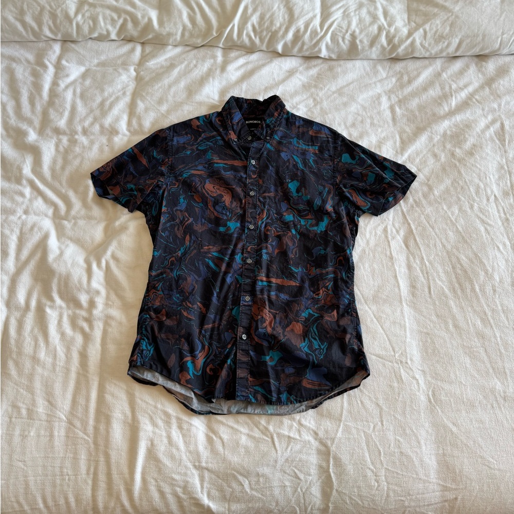 Men's Black and Blue Patterned Shirt